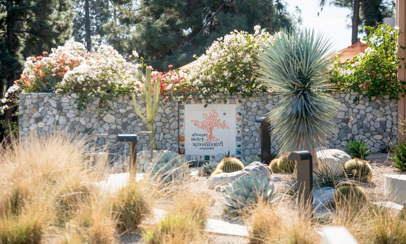 a desert landscape with a rock wall featuring sign with the words "Provida Future Pitzer College MCMIXIII"